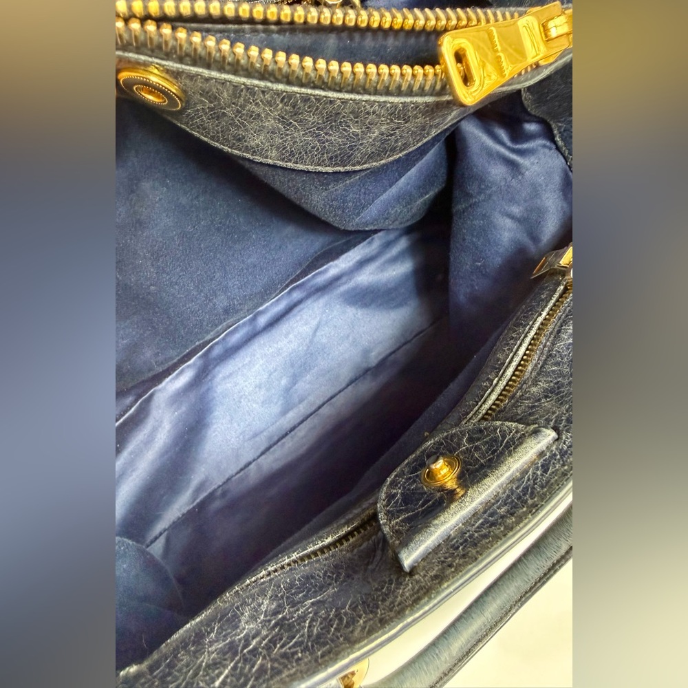 Miu Miu Vitello Lux Blue Leather Satchel Bag Distressed Finish Gold Hardware - Picture 8 of 13